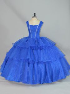 Romantic Sleeveless Floor Length Beading and Ruffled Layers Lace Up Quinceanera Dress with Blue