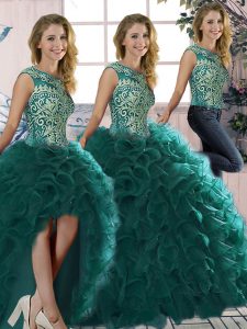 Sleeveless Organza Floor Length Lace Up Vestidos de Quinceanera in Peacock Green with Beading and Ruffles