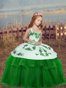 Custom Fit Green Ball Gowns Tulle Straps Sleeveless Embroidery Floor Length Zipper Child Pageant Dress