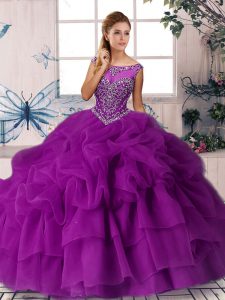 Scoop Sleeveless Brush Train Zipper Quinceanera Dress Purple Organza