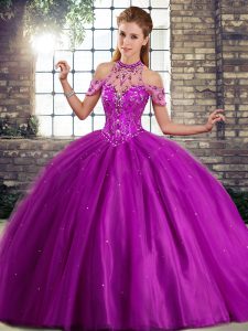 Purple Sleeveless Beading Lace Up 15th Birthday Dress