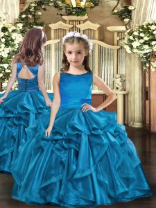 Ruffles Little Girls Pageant Dress Blue Lace Up Sleeveless Floor Length