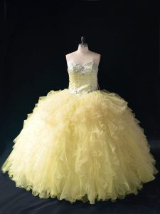 Gold Ball Gowns Ruffles Sweet 16 Dress Lace Up Tulle Sleeveless Floor Length