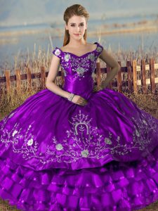 Latest Sleeveless Floor Length Embroidery and Ruffled Layers Lace Up Quinceanera Dresses with Purple