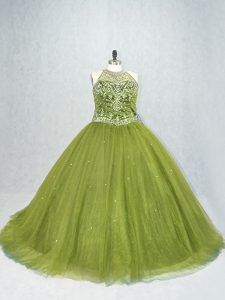 Lace Up Quinceanera Dresses Olive Green for Sweet 16 and Quinceanera with Beading Brush Train