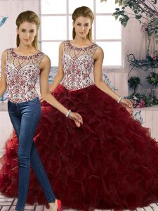 Stylish Burgundy Organza Lace Up Sweet 16 Dress Sleeveless Floor Length Beading and Ruffles