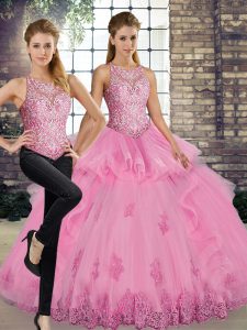 Colorful Rose Pink Two Pieces Tulle Scoop Sleeveless Lace and Embroidery and Ruffles Floor Length Lace Up Quinceanera Gowns