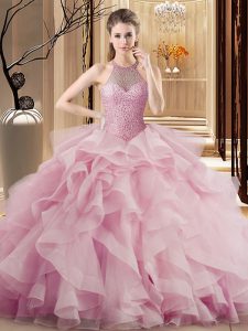 Pink Sweet 16 Dresses Sweet 16 and Quinceanera with Beading and Ruffles Halter Top Sleeveless Sweep Train Lace Up