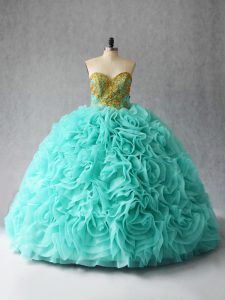 Aqua Blue Lace Up 15 Quinceanera Dress Beading and Ruffles Sleeveless Court Train