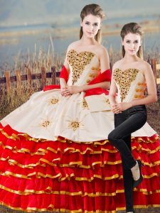 High End White And Red 15 Quinceanera Dress Sweet 16 and Quinceanera with Appliques and Ruffled Layers Sweetheart Sleeveless Lace Up