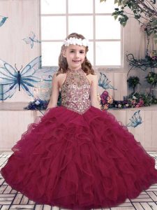 Beautiful Floor Length Ball Gowns Sleeveless Fuchsia Pageant Gowns Lace Up