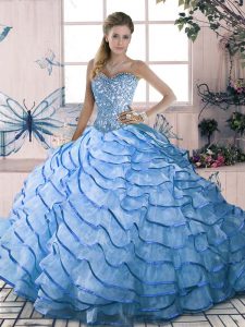Sleeveless Brush Train Lace Up Vestidos de Quinceanera in Blue with Beading and Ruffles