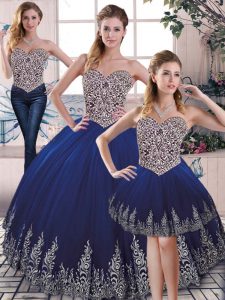 Sophisticated Tulle Sweetheart Sleeveless Lace Up Embroidery Quinceanera Gown in Royal Blue