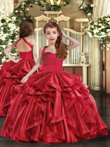 Red Ball Gowns Ruffles Girls Pageant Dresses Lace Up Organza Sleeveless Floor Length