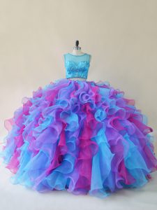 Custom Fit Multi-color Two Pieces Organza Scoop Sleeveless Beading and Ruffles Floor Length Lace Up Vestidos de Quinceanera
