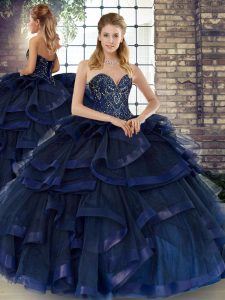 Unique Sleeveless Lace Up Floor Length Beading and Ruffles 15th Birthday Dress