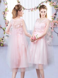 Sleeveless Tulle Tea Length Lace Up Damas Dress in Baby Pink with Appliques and Belt