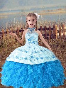 Baby Blue Ball Gowns Halter Top Sleeveless Organza Floor Length Lace Up Beading and Embroidery and Ruffles Child Pageant Dress