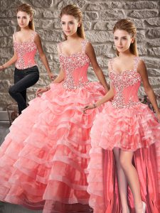 Exceptional Straps Sleeveless Court Train Lace Up Vestidos de Quinceanera Watermelon Red Organza