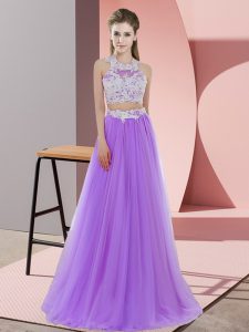 Floor Length Lavender Dama Dress Tulle Sleeveless Lace