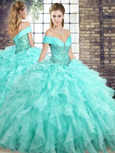 Low Price Aqua Blue Sweet 16 Dresses Off The Shoulder Sleeveless Brush Train Lace Up