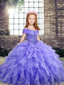 High Quality Lavender Straps Lace Up Beading and Ruffles Pageant Dress Womens Sleeveless