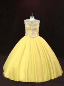 Luxurious Tulle Scoop Sleeveless Lace Up Beading Quinceanera Gowns in Gold