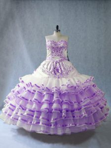 White And Purple Lace Up 15 Quinceanera Dress Embroidery and Ruffled Layers and Bowknot Sleeveless Floor Length