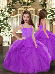 Floor Length Lace Up Kids Pageant Dress Purple for Party and Wedding Party with Ruffles