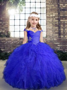 Tulle Sleeveless Floor Length Little Girls Pageant Dress and Beading and Ruffles