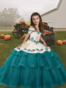 Charming Floor Length Lace Up Little Girls Pageant Dress Teal for Party and Wedding Party with Embroidery and Ruffled Layers