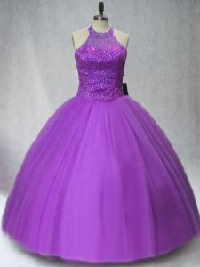 Best Selling Purple Lace Up Halter Top Beading Quinceanera Gowns Tulle Sleeveless