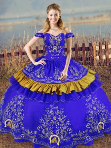 Floor Length Blue Quinceanera Gowns Satin Sleeveless Embroidery