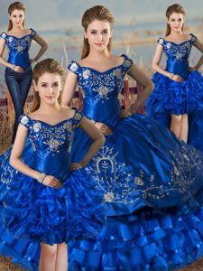 Royal Blue Lace Up Off The Shoulder Embroidery and Ruffled Layers 15 Quinceanera Dress Satin and Organza Sleeveless