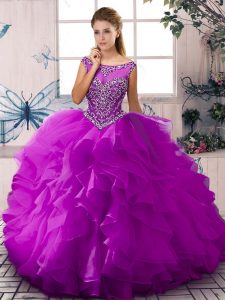 Custom Design Organza Scoop Sleeveless Zipper Beading and Ruffles Quince Ball Gowns in Purple