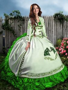 Green Ball Gowns Organza Sweetheart Sleeveless Embroidery and Ruffles Floor Length Lace Up Quince Ball Gowns