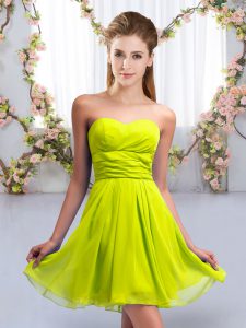 High End Yellow Green Chiffon Lace Up Sweetheart Sleeveless Mini Length Dama Dress Ruching