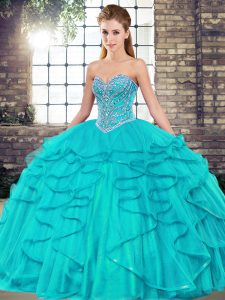 Aqua Blue Sleeveless Tulle Lace Up Ball Gown Prom Dress for Military Ball and Sweet 16 and Quinceanera