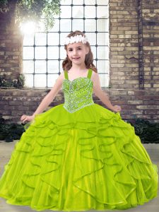 Ball Gowns Tulle Straps Sleeveless Beading and Ruffles Floor Length Lace Up Kids Pageant Dress