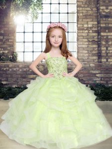New Style Tulle Straps Sleeveless Lace Up Beading Girls Pageant Dresses in Yellow Green