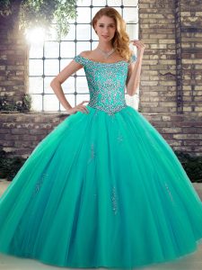 Top Selling Sleeveless Floor Length Beading Lace Up 15th Birthday Dress with Turquoise