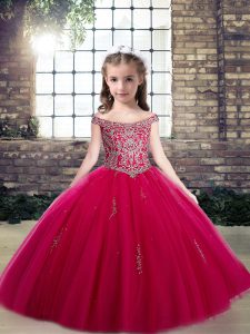 On Sale Sleeveless Tulle Floor Length Lace Up Little Girls Pageant Dress Wholesale in Hot Pink with Beading and Appliques