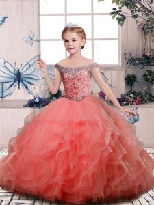 Floor Length Peach Pageant Gowns For Girls Off The Shoulder Sleeveless Lace Up