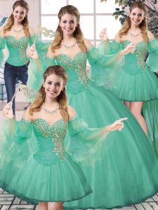 Turquoise Ball Gowns Sweetheart Sleeveless Tulle Floor Length Lace Up Beading 15th Birthday Dress