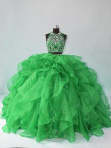 Green Two Pieces Halter Top Sleeveless Organza Floor Length Backless Beading and Ruffles Sweet 16 Dress