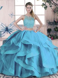 Fantastic Floor Length Lace Up Sweet 16 Dresses Blue for Sweet 16 and Quinceanera with Beading and Ruffles