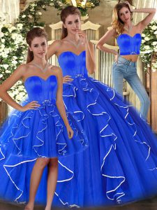 Blue Lace Up Sweetheart Ruffles Quince Ball Gowns Tulle Sleeveless