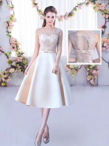 Champagne A-line Satin Scoop Sleeveless Lace and Belt Tea Length Lace Up Dama Dress for Quinceanera