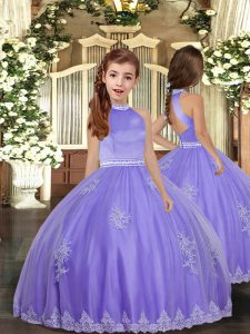 Floor Length Lavender Pageant Gowns For Girls Tulle Sleeveless Appliques