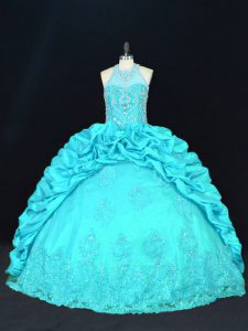 Modern Floor Length Lace Up Quince Ball Gowns Aqua Blue for Quinceanera with Beading and Appliques and Embroidery and Pick Ups